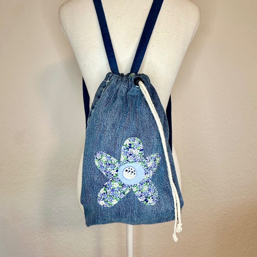 Cute Handmade Denim Drawstring Backpack - Picture 2 of 9